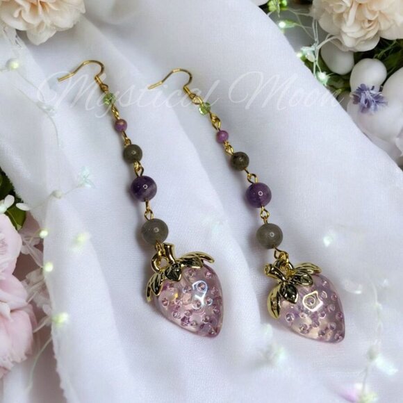 Jewelry - Strawberry Crystal Earrings Pink Acrylic Strawberry Charm with Amethyst